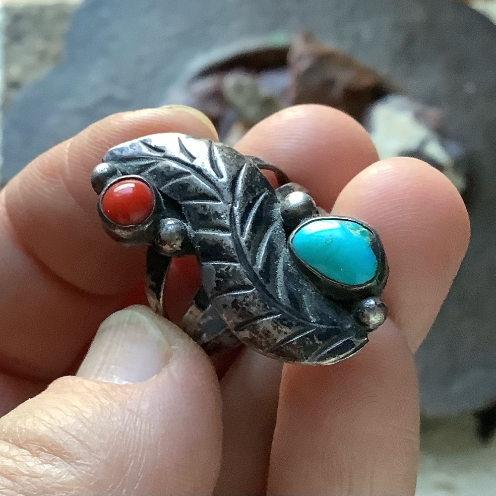 Native Sterling Turquoise and Coral Ring